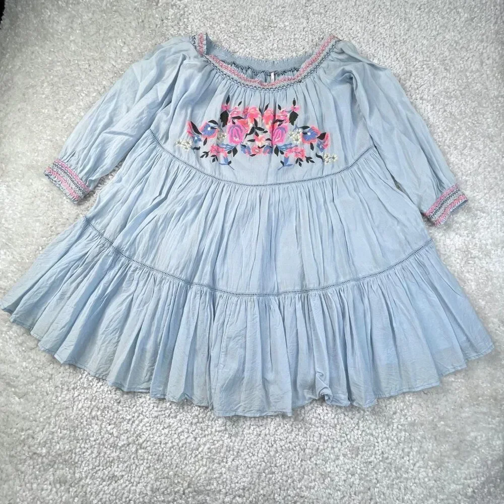 Free People Sunbeams Floral Embroidered Off Shoulder Dress Blue